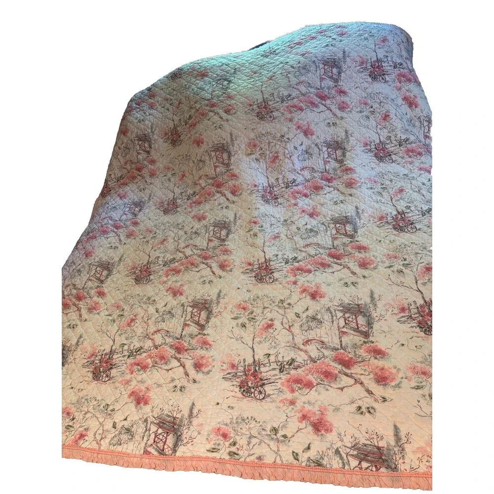 Vtg Pink White Floral Quilted Bedspread Coverlet Cottagecore 75x77” READ Distres